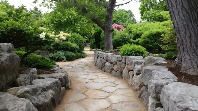 A serene and winding garden path, intricately laid with irregular flagstones, meanders through a vibrant botanical landscape. Lush green foliage, abundant bushes, and mature trees create a tranquil ca