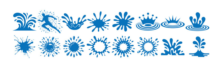 Diverse blue water splash and ripple icons demonstrating dynamic liquid movements