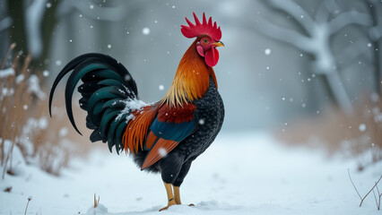 Dramatic rooster crowing in snowstorm standing on snowy ground with blowing snow and strong winter wind