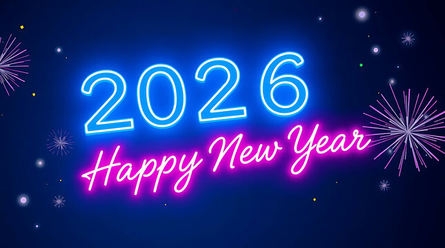 Neon sign glowing with the text 2026 happy new year in bright blue and pink against a dark blue background with fireworks and falling snow for a festive holiday celebration concept - Powered by Adobe