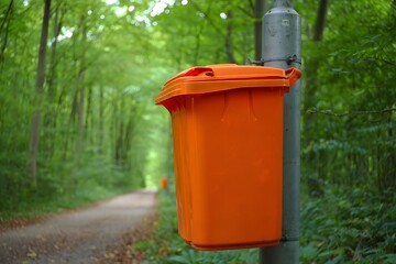 Fototapeta premium Orange Recycling Bin Attached to a Street Lamp in a Forest Trail