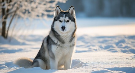 Husky Dog Sitting in Snowy Landscape, Winter Scene, Nature Photography, Outdoor Environment, Close-Up View