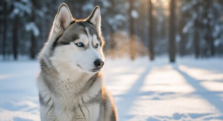Action-Pose Siberian Husky in Snowy Forest, Nature Photography, Winter Environment, Serene Viewpoint