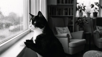 Cat Gazing Out the Window, Cozy Living Room, Black and White Photography, Calm Atmosphere, Home Environment