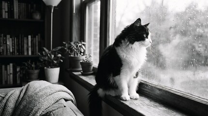 Cat Gazing Out Window, Cozy Indoor Setting, Black and White Photography, Home Environment, Tranquil Viewpoint