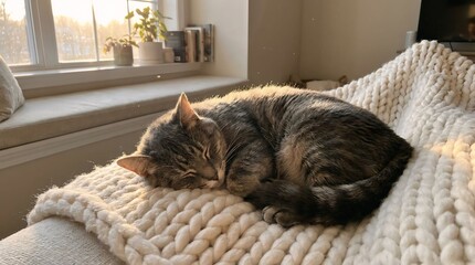 Cozy Cat Napping on Soft Blanket in Sunlit Living Room, Peaceful Home Environment, Animal Photography