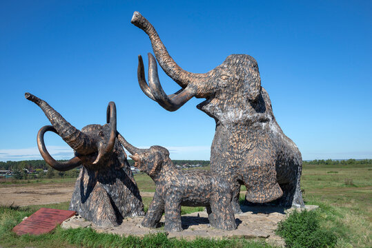 IRKUTSK REGION, RUSSIA - SEPTEMBER 02, 2025: Sculpture "Mammoths" at the site of the ancient people of the Paleolithic era. Malta, Irkutsk region