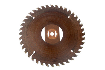 Circular steel gear saw blade with sharp teeth isolated on a white background is a mechanical...
