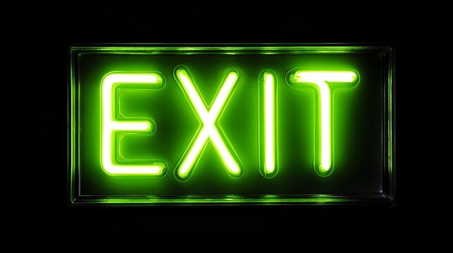 Neon green exit glowing sign isolated on black background 