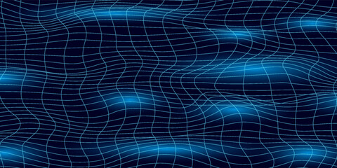 Abstract wavy 3d mesh on a blue background. Geometric dynamic wave. 3D technology wireframe. Vector illustration.