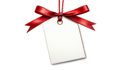 Blank Hanging White Christmas Gift Tag with Shiny Red Satin Ribbon Bow, Isolated - Cut Out