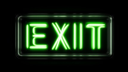 Neon green exit glowing sign isolated on black background 