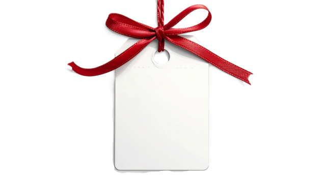 Blank Hanging White Christmas Gift Tag with Shiny Red Satin Ribbon Bow, Isolated - Cut Out