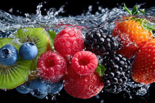 Fresh Fruit Splash with Strawberries, Raspberries, Blueberries, Blackberries and Kiwi