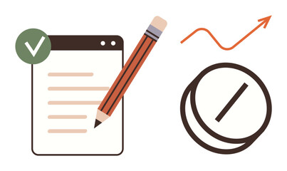 Notepad with checklist, pencil, and upward arrow symbolizing progress and success. Ideal for productivity, goal setting, planning, workflow, growth education and personal development. Simple flat