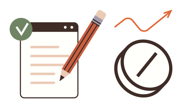 Notepad with checklist, pencil, and upward arrow symbolizing progress and success. Ideal for productivity, goal setting, planning, workflow, growth education and personal development. Simple flat