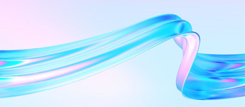 3d glass abstract wave. Gradient background with liquid flow ribbon form. Hologram blue pink curve element iridescent effect. Vector illustration for abstract music poster, futuristic tech template