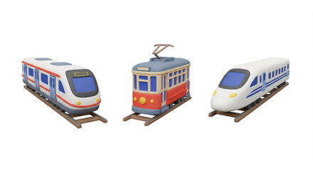 Collection of three distinct trains on railway tracks, illustrating different modes of rail transportation