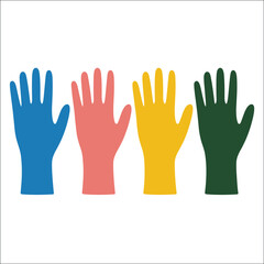 Fototapeta premium Set of disposable colorful gloves in blue, red, yellow, and green arranged upright on white background