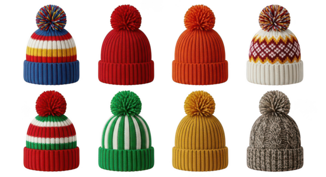 Collection of eight knitted winter hats with pom poms isolated on transparent background
