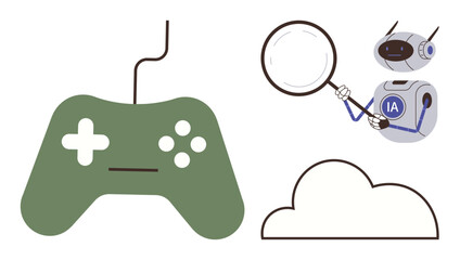 Gaming controller, robotic AI analyzing with magnifying glass, and cloud illustrate technology blending with innovation and multitasking. Ideal for automation, creativity, gaming, research