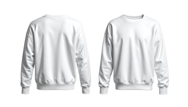 White sweatshirt shown from the back and front views, isolated on a white background, clothing apparel mockup, ready for compositing