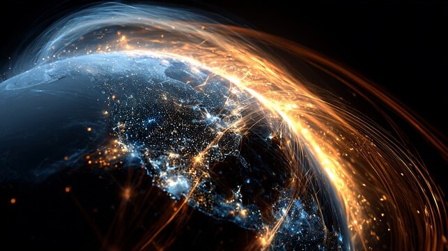 Earth illuminated with flowing energy lines in blue, orange, and gold - Powered by Adobe