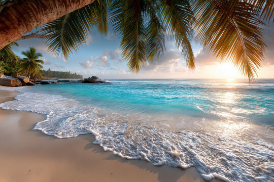 Tropical beach sunrise with palm trees and turquoise water - Powered by Adobe