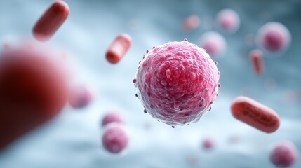 A close-up visualization of a vibrant pink cell surrounded by bacteria in a microscopic view of a biological environment