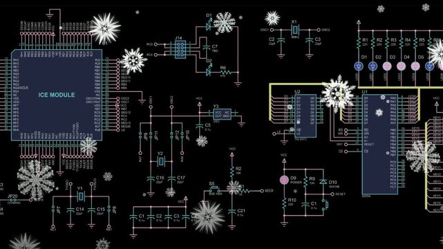Video animation with schematic diagram of electronic device. Drawing electrical circuit with capacitor, resistor, 
diode, led, microcontroller, integrated circuit.
Animated motion winter snow effect.