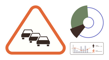 Vehicles in a triangular warning sign highlight congestion, complemented by a pie chart and data visualization graph. Ideal for transport, analysis, planning, safety, urban study, statistics, simple