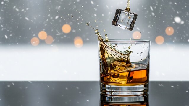 High-speed liquid splash from a whiskey glass as an ice cube is dropped, set against a snowy window view with warm, soft bokeh lights.