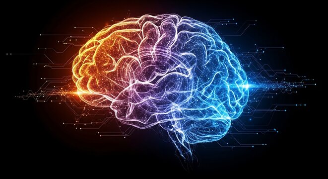 Human brain digital illustration depicting left and right hemispheres creativity logic futuristic technology concept symbolizing intelligence neural networks and cognitive functions