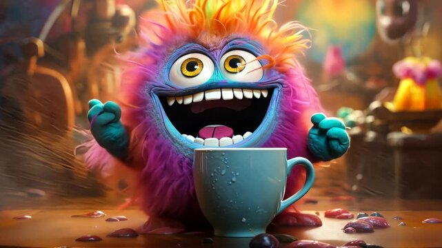 Coffee monster with crazy eyes. Cute character with caffeine energy, very excited