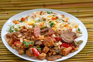 Traditional chicken xadrez with colorful chop suey rice