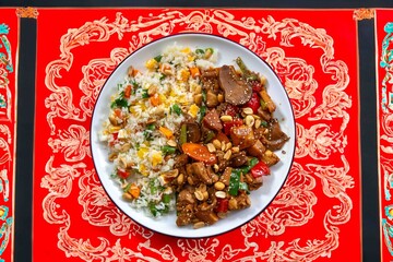 Traditional chicken xadrez with colorful chop suey rice