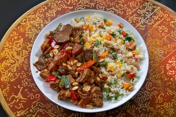 Traditional chicken xadrez with colorful chop suey rice