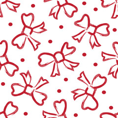 Painted brushstroke bows with spots seamless vector pattern background. Red ribbon on white ground with polka dots. Valentines day or Christmas repeat backdrop. Relaxed hand drawn style.