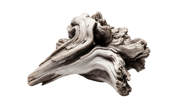 Intricate weathered driftwood sculpture with organic textures isolated on transparent background