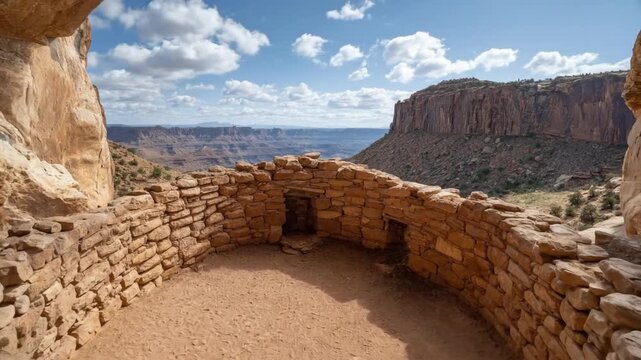A stunning wide shot captures an ancient, rustic stone structure meticulously built into the natural rock face of a dramatic desert cliff. Overlooking a vast and breathtaking canyon landscape, the sce