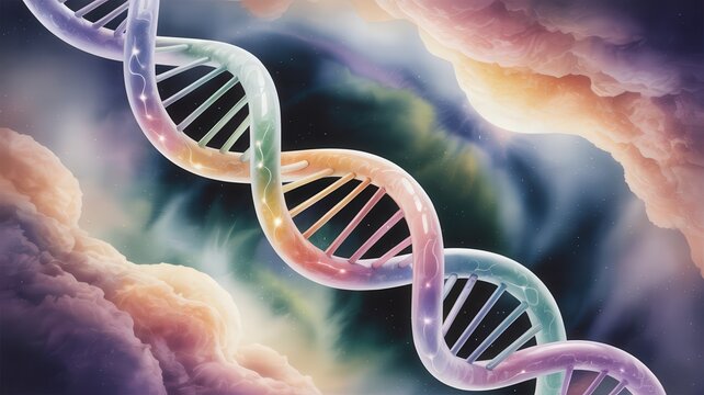 Abstract 3D DNA Double Helix Structure with Colorful Strands and Nebulous Background.