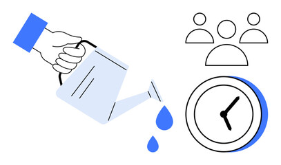 Hand holding a watering can, pouring water onto abstract icons of a group and clock. Ideal for teamwork, resource management, growth, time investment, leadership, collaboration business. Simple flat