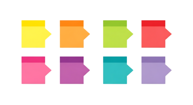 Collection of eight colorful sticky notes with arrow shapes isolated on transparent background - Powered by Adobe