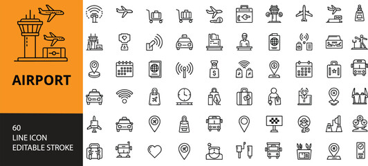Airport line art, editable stroke, travel icons, aviation sketch, airplane outline, black and white, vector illustration © LITONCHANDRA