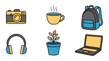 Collection of daily essential icons including camera, coffee cup, backpack, headphones, potted plant and laptop for modern lifestyle themes. Flat vector illustration
