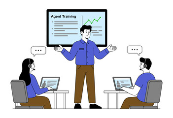 Agent training workshop with instructor teaching customer support team using laptops and headsets during presentation. flat vector illustration