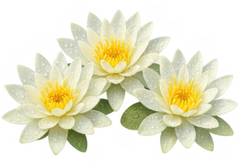 Water lily flowers blooming with dew drops on white petals and yellow centers, watercolor illustration on transparent background