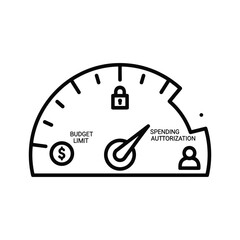 Gauge showing budget limit and spending authorization with icons for money, security, and person, isolated on