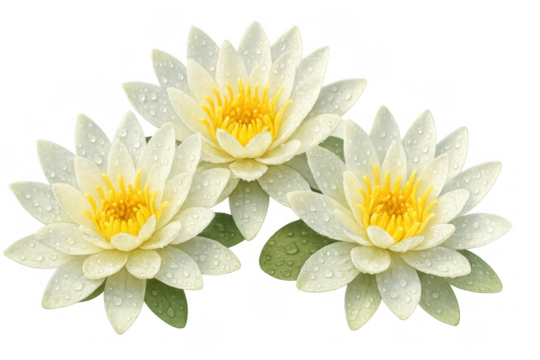 Water lily flowers blooming with dew drops on white petals and yellow centers, watercolor illustration on transparent background