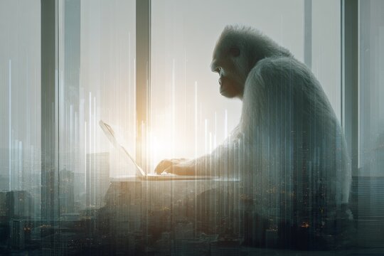 Charming ape at laptop: a morning of humor and surprise. Humorous animal. Is decentralized money a revolution or a risky scam. Cute ape. Morning delight.